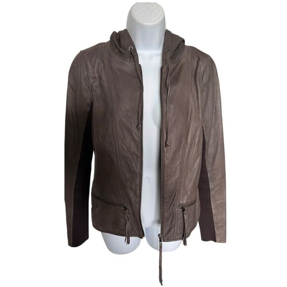 HINGE Designed In Seattle Grey 100% Leather Hooded Full Zip Jacket Size S - Picture 5 of 7